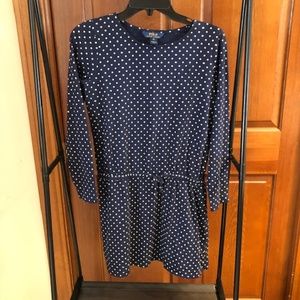 Polo Ralph Lauren polka dot navy blue girls dress with cinch waist.Child Size 16